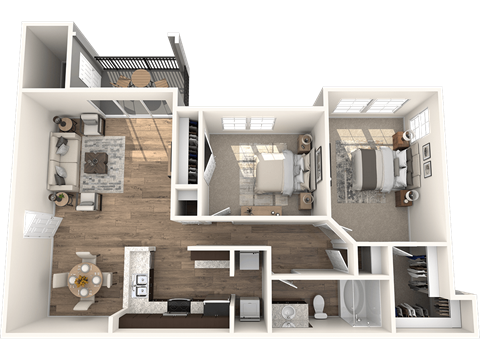 Floor plan for 2 beds, 1 bath, 989 sqft